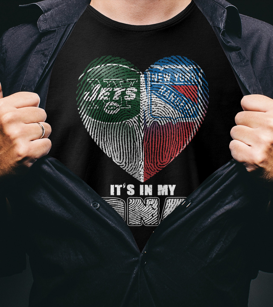 New York Jets And Rangers It's In My Dna Heart Fingerprint T-Shirt