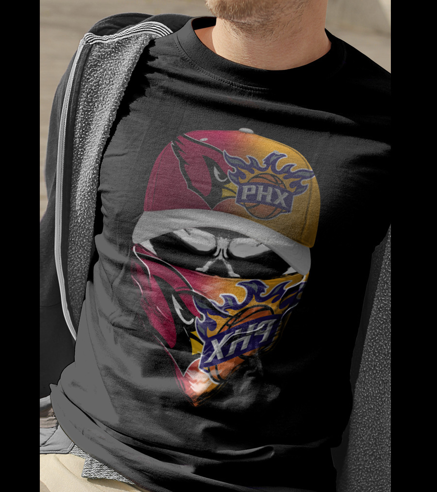 Phx Cardinals Suns Crossover Flame Skull Headwear T-Shirt