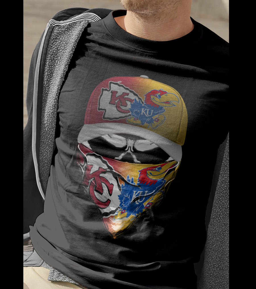Kansas City Chiefs And Kansas Jayhawks Skull Bandana Hat Fusion T-Shirt