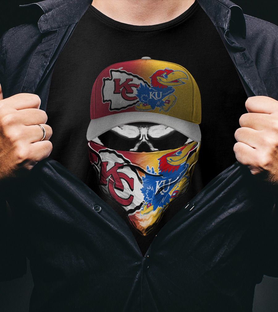 Kansas City Chiefs And Kansas Jayhawks Skull Bandana Hat Fusion T-Shirt
