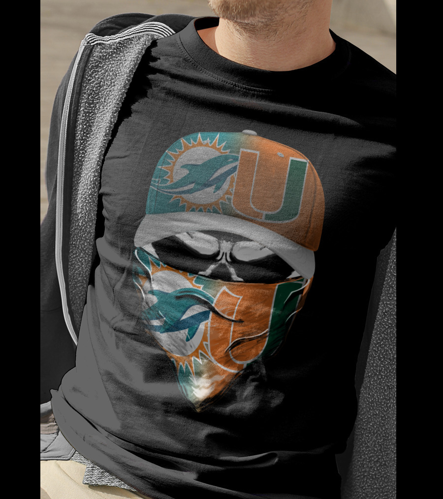 Miami Dolphins And University Of Miami Logo Face Mask And Cap Design Skull Style T-Shirt