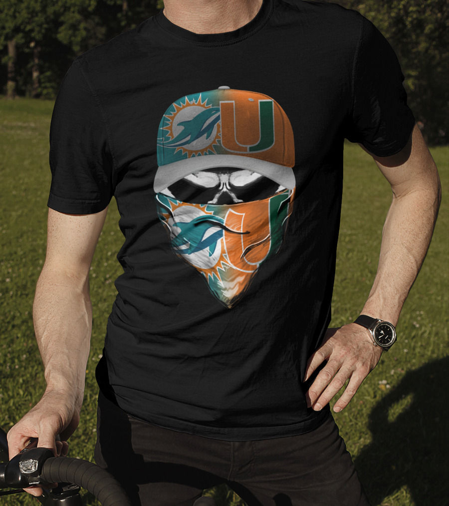 Miami Dolphins And University Of Miami Logo Face Mask And Cap Design Skull Style T-Shirt
