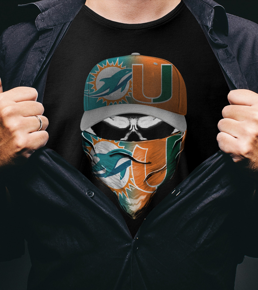 Miami Dolphins And University Of Miami Logo Face Mask And Cap Design Skull Style T-Shirt