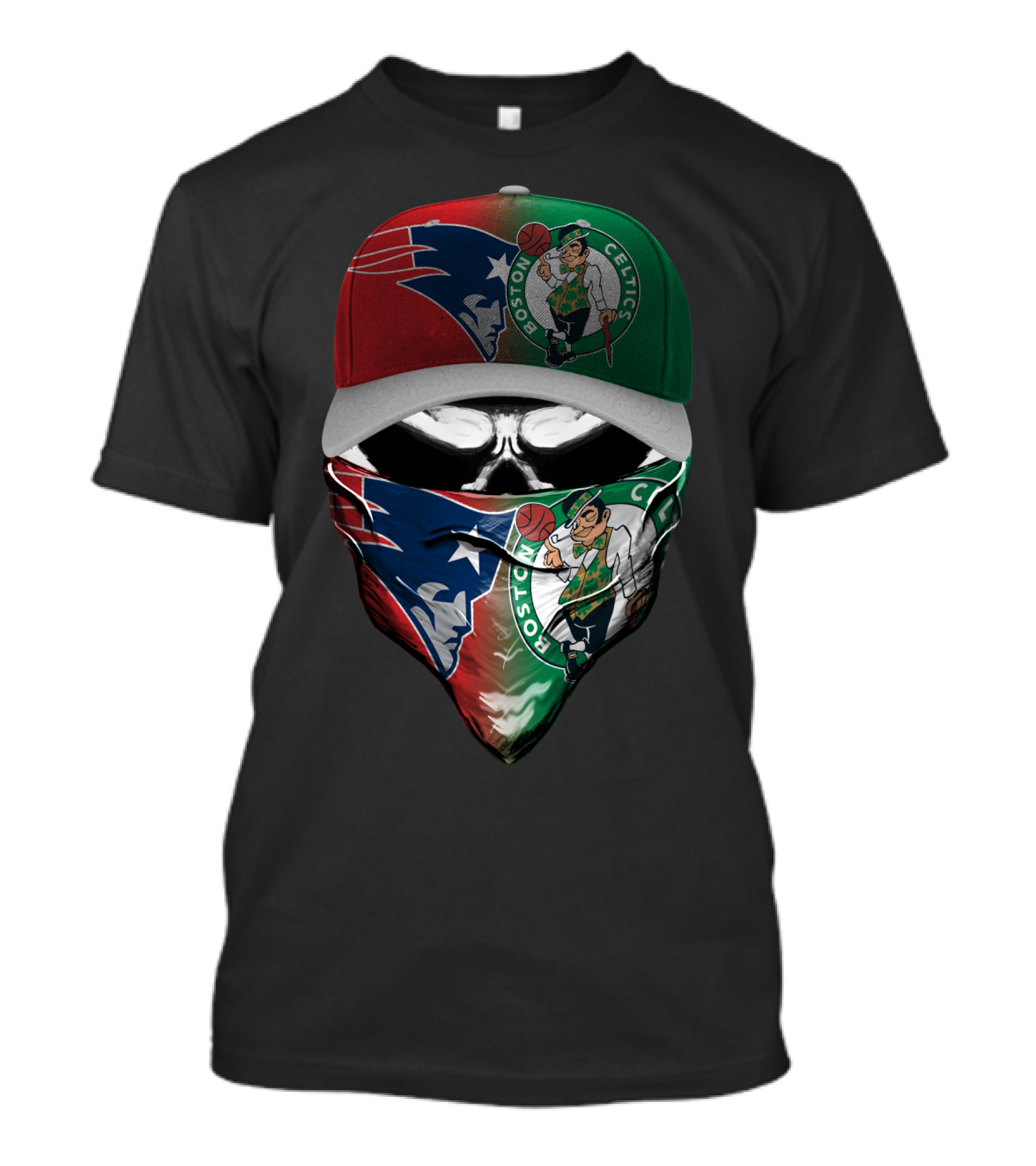 Boston Celtics New England Patriots Skull Mask Hat Combo T-Shirt