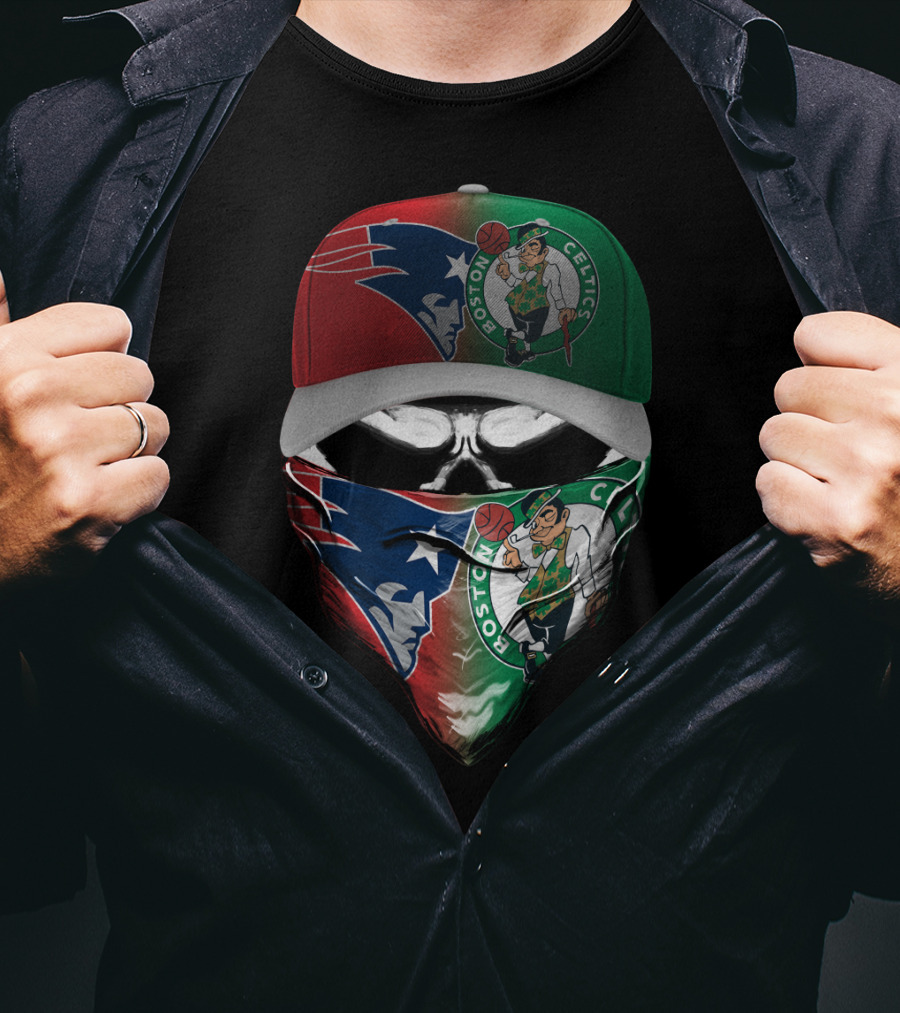 Boston Celtics New England Patriots Skull Mask Hat Combo T-Shirt