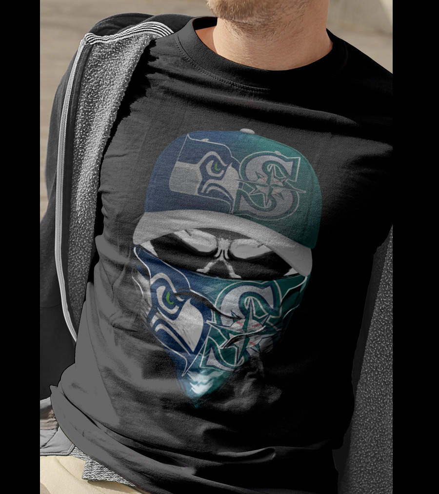 Seattle Seahawks Mariners Skull Mask Hat T-Shirt