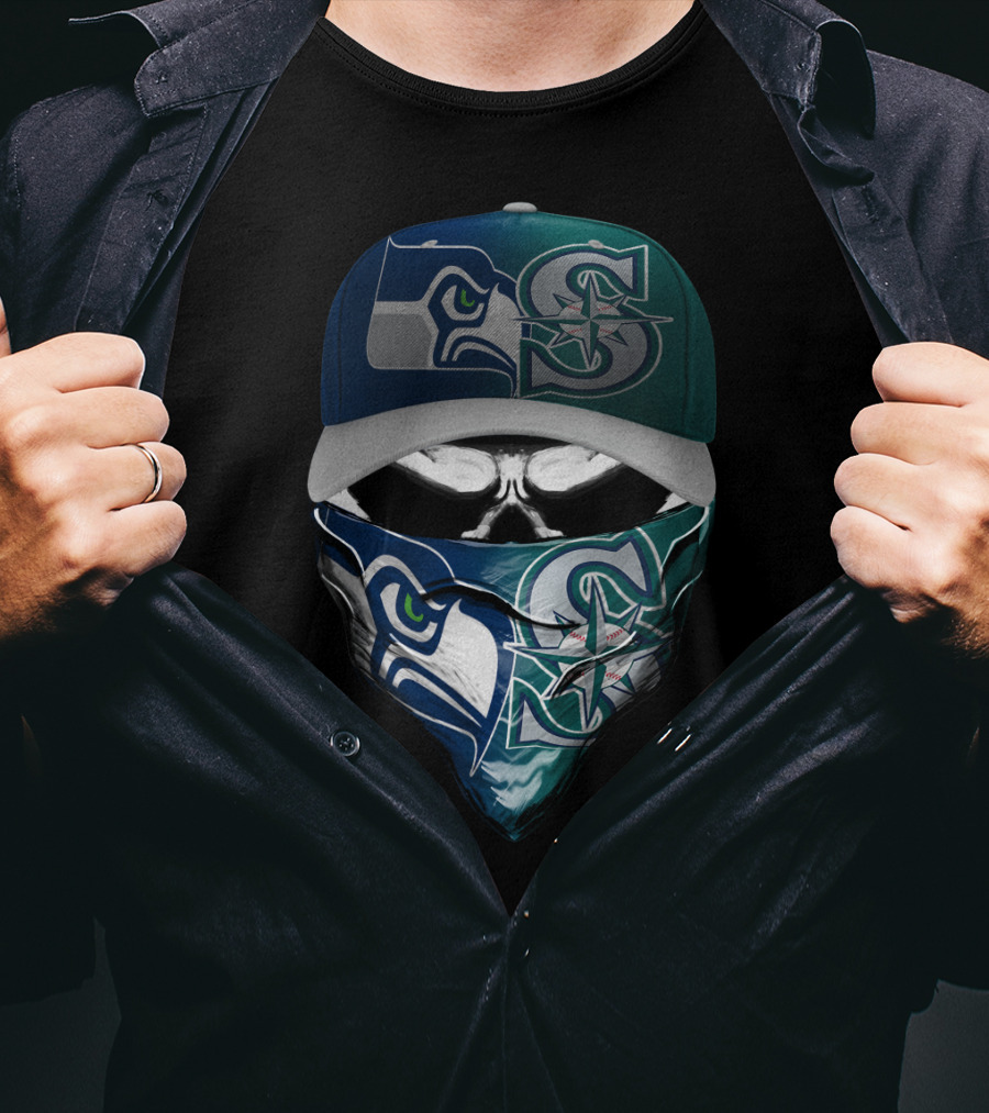 Seattle Seahawks Mariners Skull Mask Hat T-Shirt