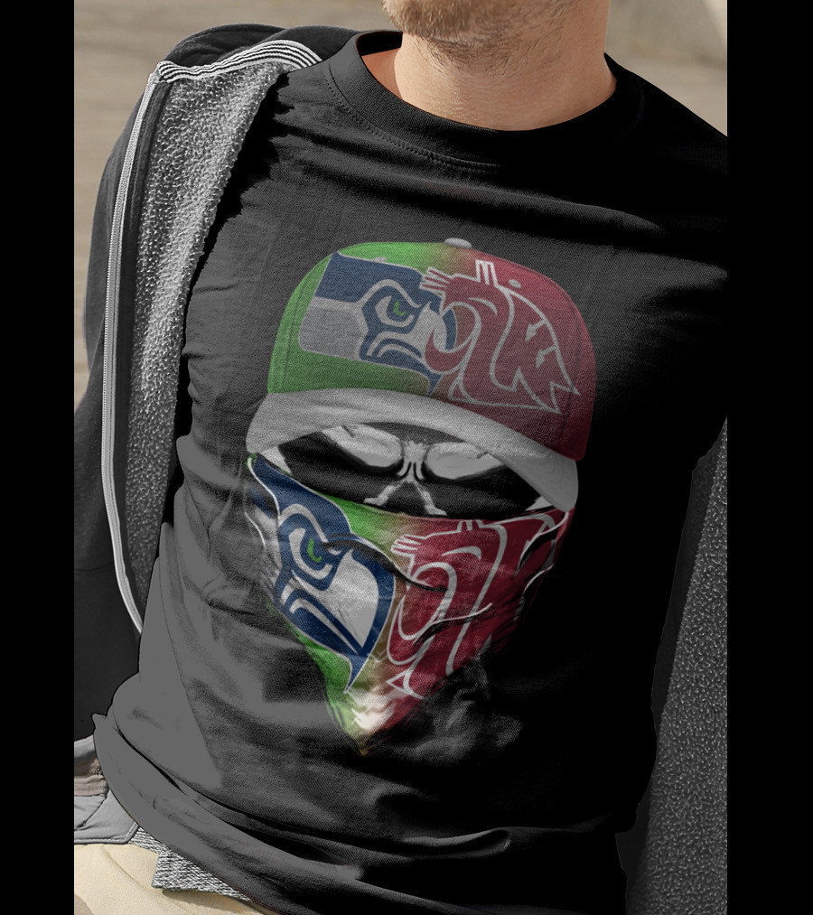 Seattle Seahawks Washington State Cougars Split Mask Hat T-Shirt