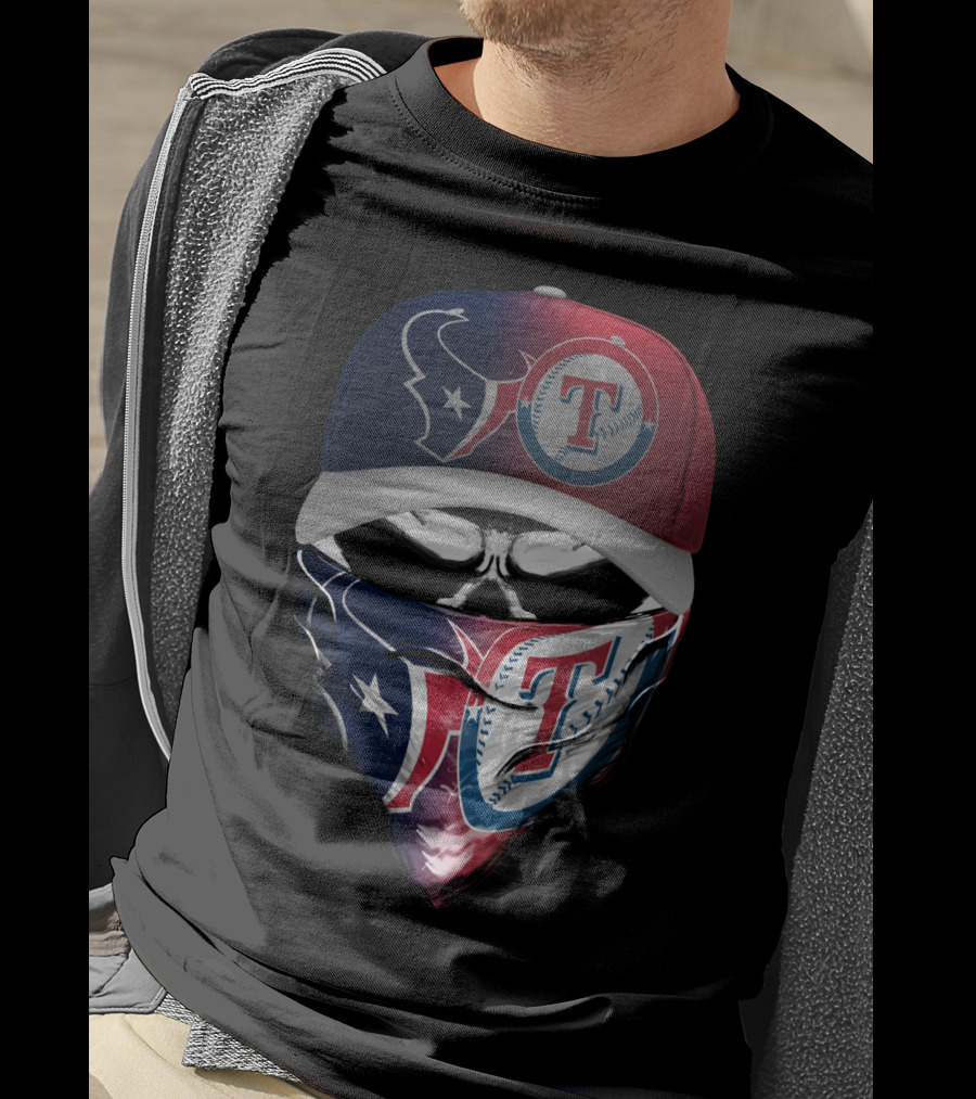 Houston Texans And Texas Rangers Skull Bandana Hat Dual Theme T-Shirt