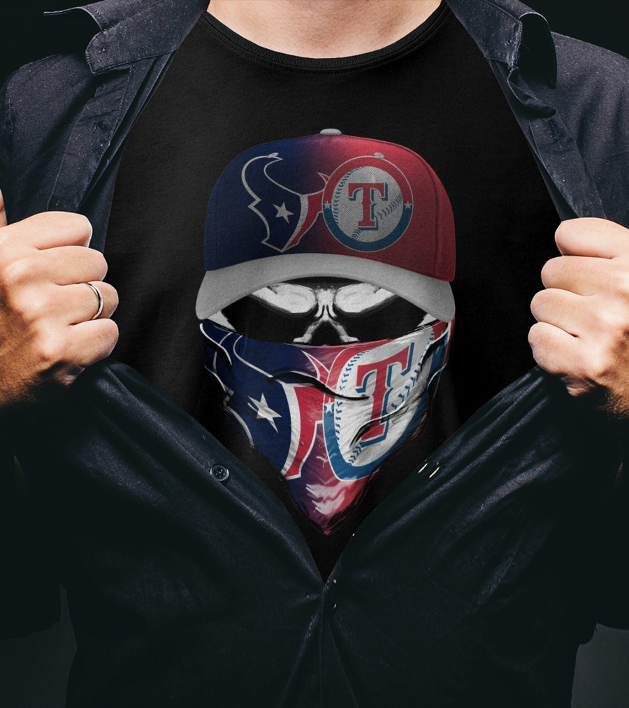 Houston Texans And Texas Rangers Skull Bandana Hat Dual Theme T-Shirt