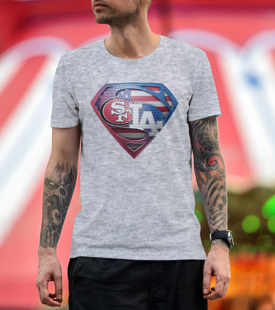 Sf La Superman Shield American Flag Hintergrund T-Shirt