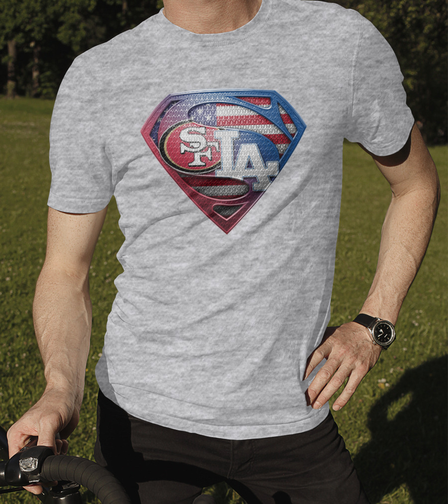 Sf La Superman Shield American Flag Hintergrund T-Shirt
