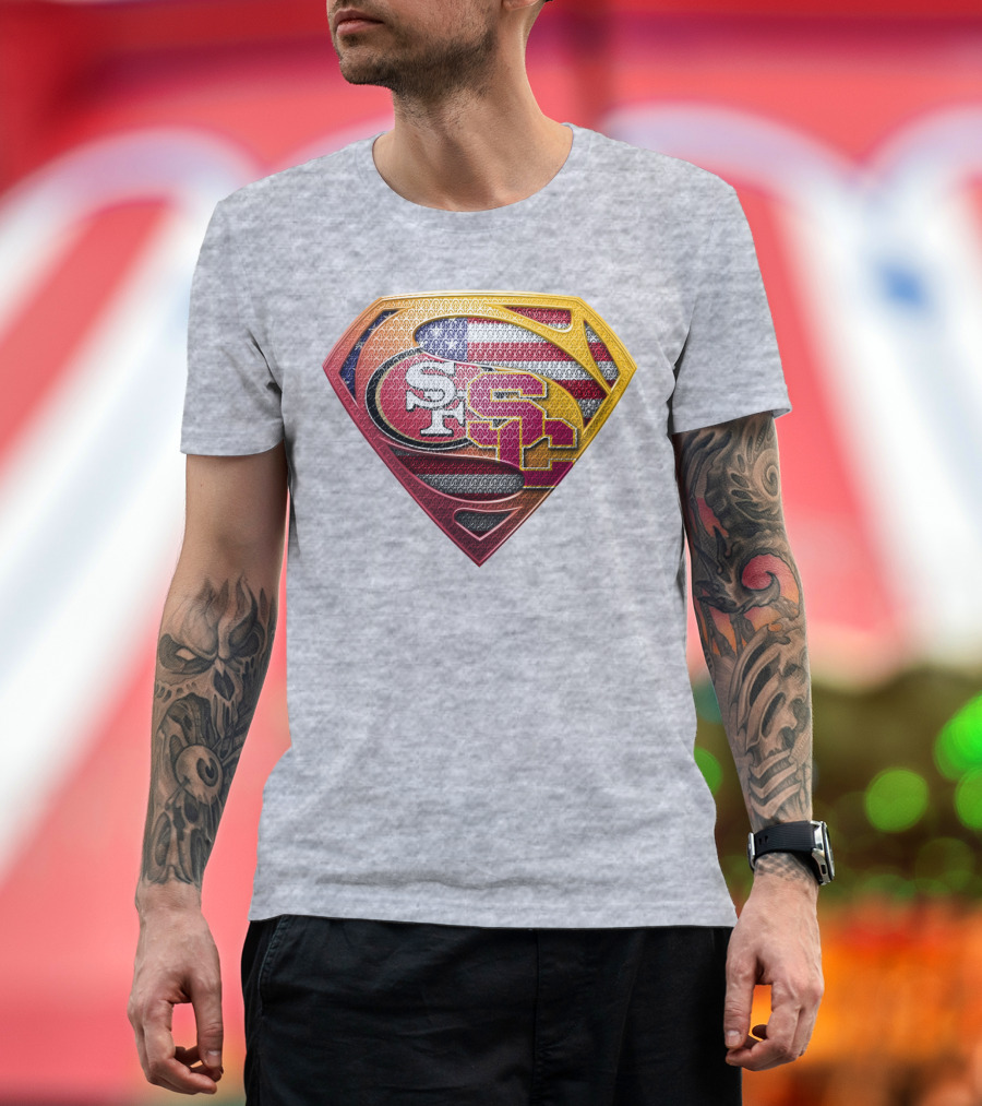 Superman Shield With San Francisco And Usc Logos Merged Over American Flag T-Shirt