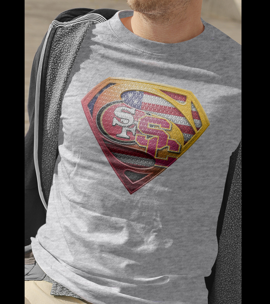 Superman Shield With San Francisco And Usc Logos Merged Over American Flag T-Shirt