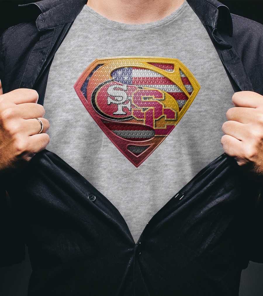 Superman Shield With San Francisco And Usc Logos Merged Over American Flag T-Shirt