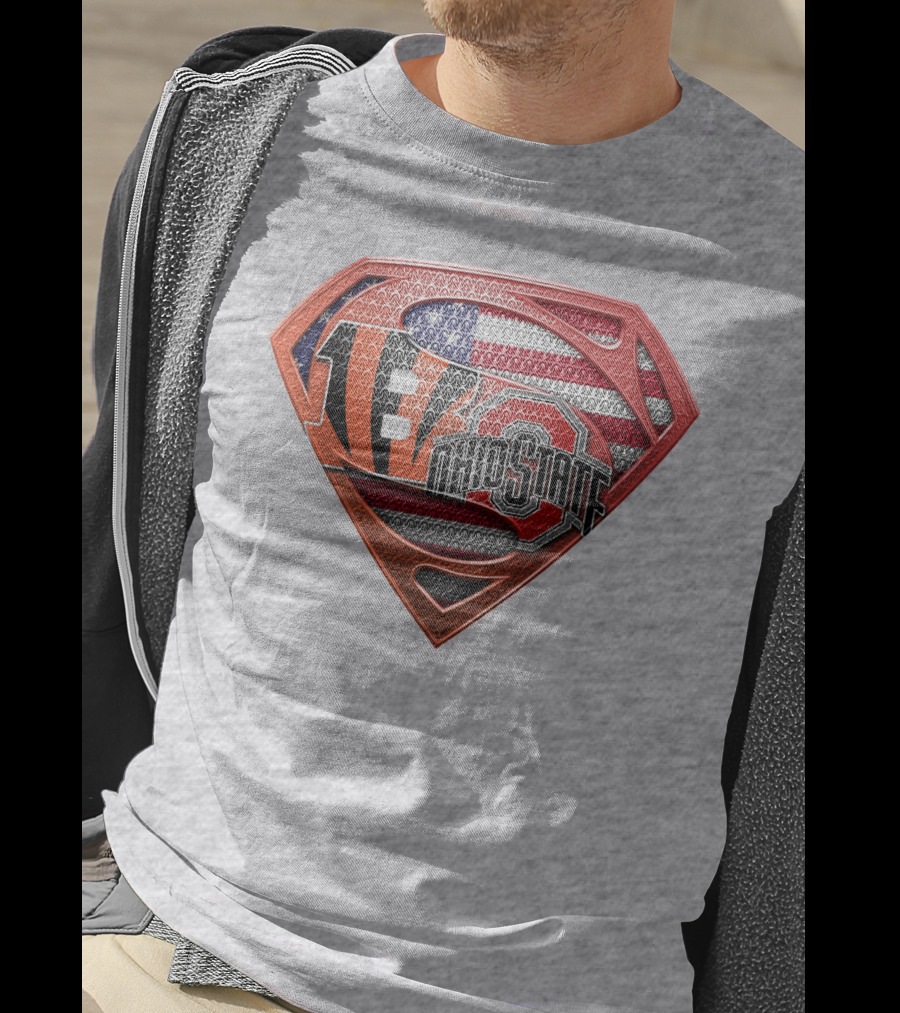 Superman Shield With Cincinnati Bengals Tiger Stripes Ohio State Logo And American Flag T-Shirt
