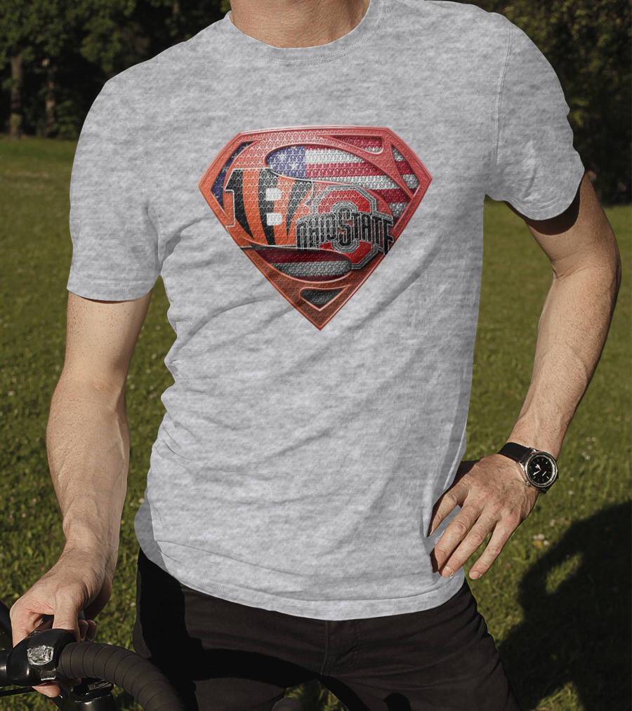Superman Shield With Cincinnati Bengals Tiger Stripes Ohio State Logo And American Flag T-Shirt