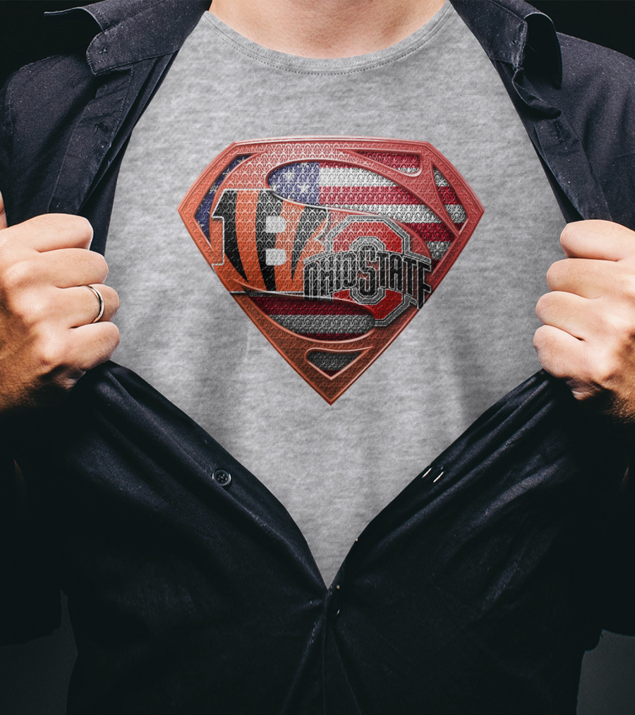 Superman Shield With Cincinnati Bengals Tiger Stripes Ohio State Logo And American Flag T-Shirt