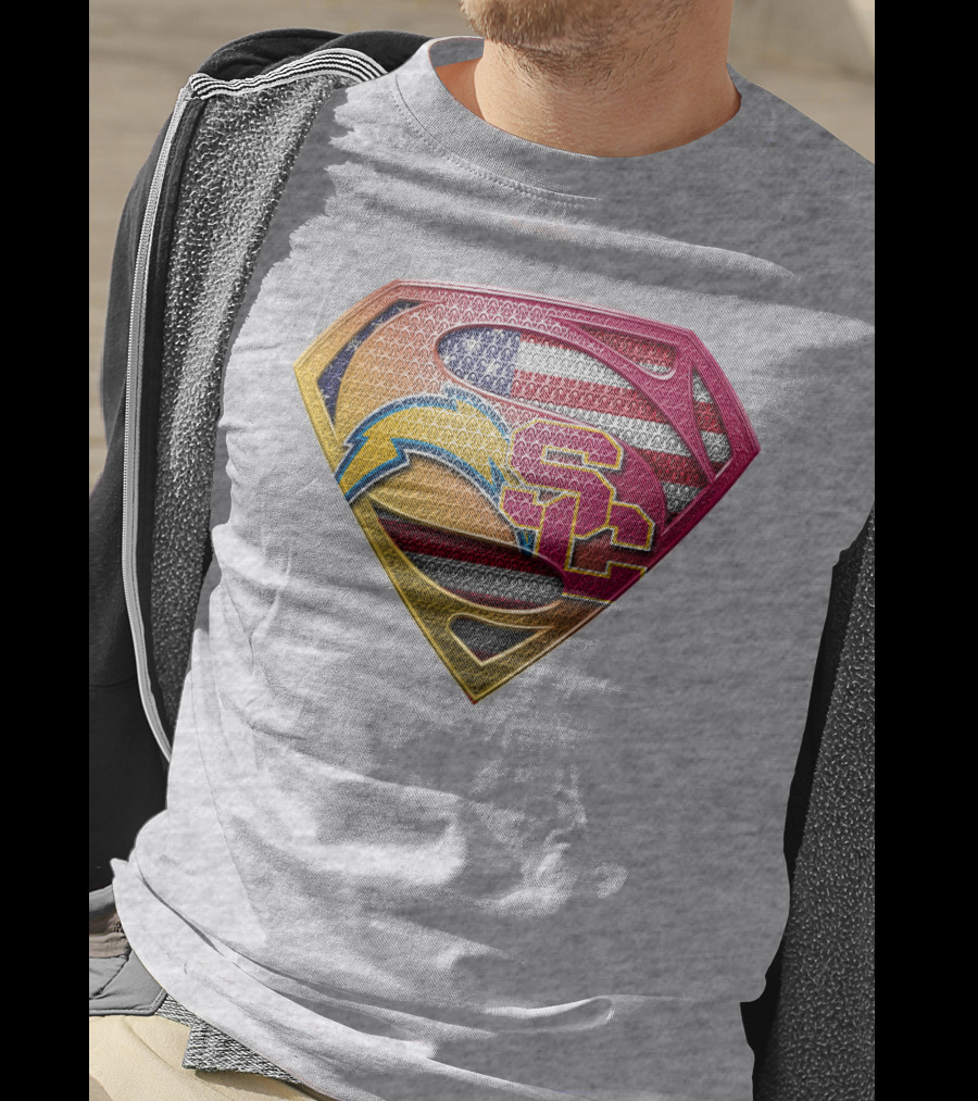 Superman Chargers Trojans American Flag Emblem On Gray T-Shirt