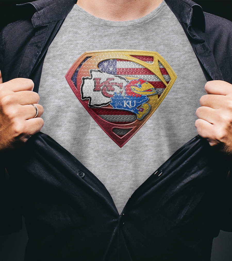 Ku Jayhawks Superman Logo With Kansas State Chiefs Flag T-Shirt
