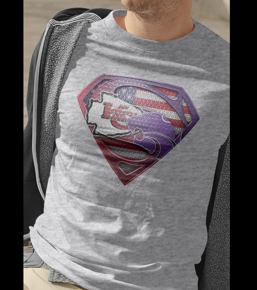 Kansas City Chiefs Superman Logo With American Flag And Kansas Map T-Shirt
