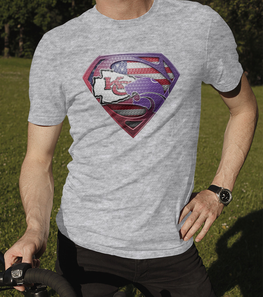 Kansas City Chiefs Superman Logo With American Flag And Kansas Map T-Shirt