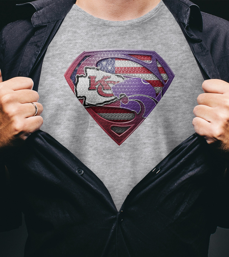 Kansas City Chiefs Superman Logo With American Flag And Kansas Map T-Shirt
