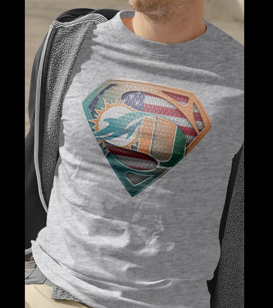 Miami Dolphins University Of Miami Superman Logo With American Flag T-Shirt