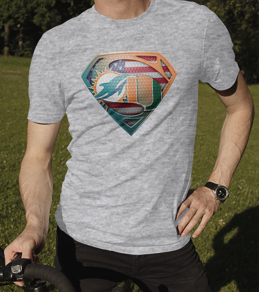 Miami Dolphins University Of Miami Superman Logo With American Flag T-Shirt
