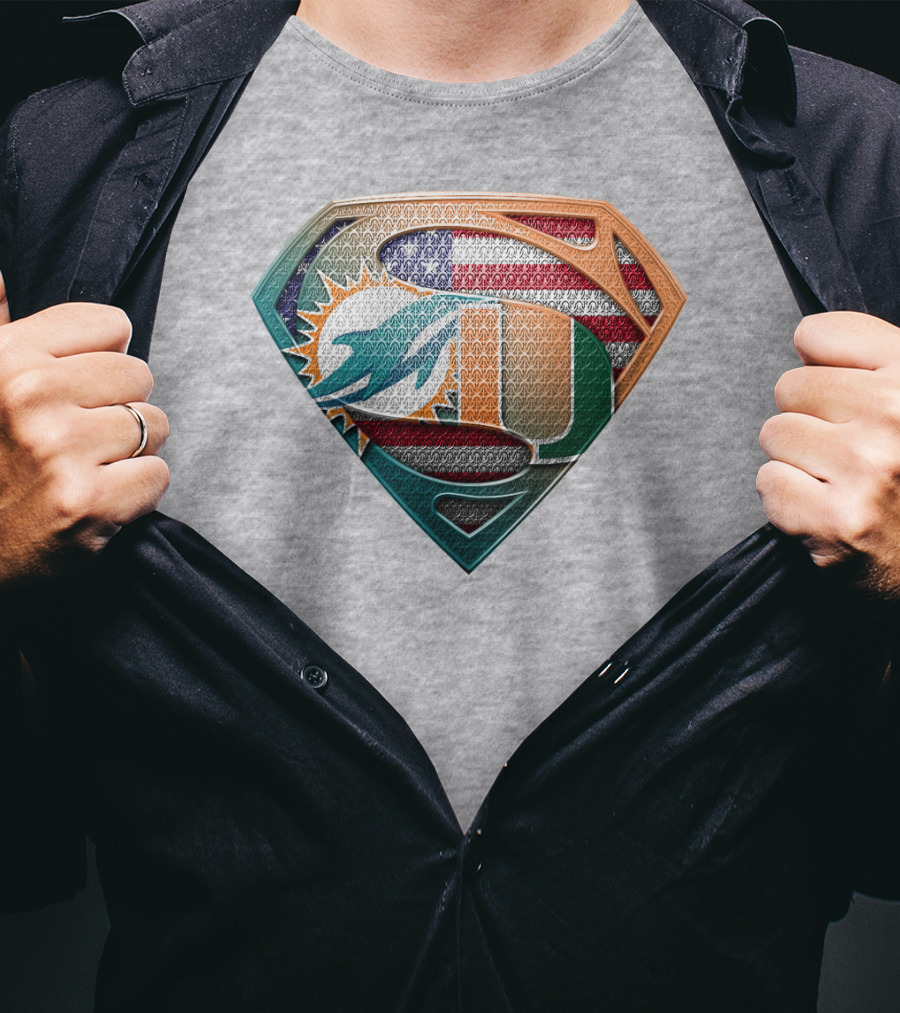 Miami Dolphins University Of Miami Superman Logo With American Flag T-Shirt