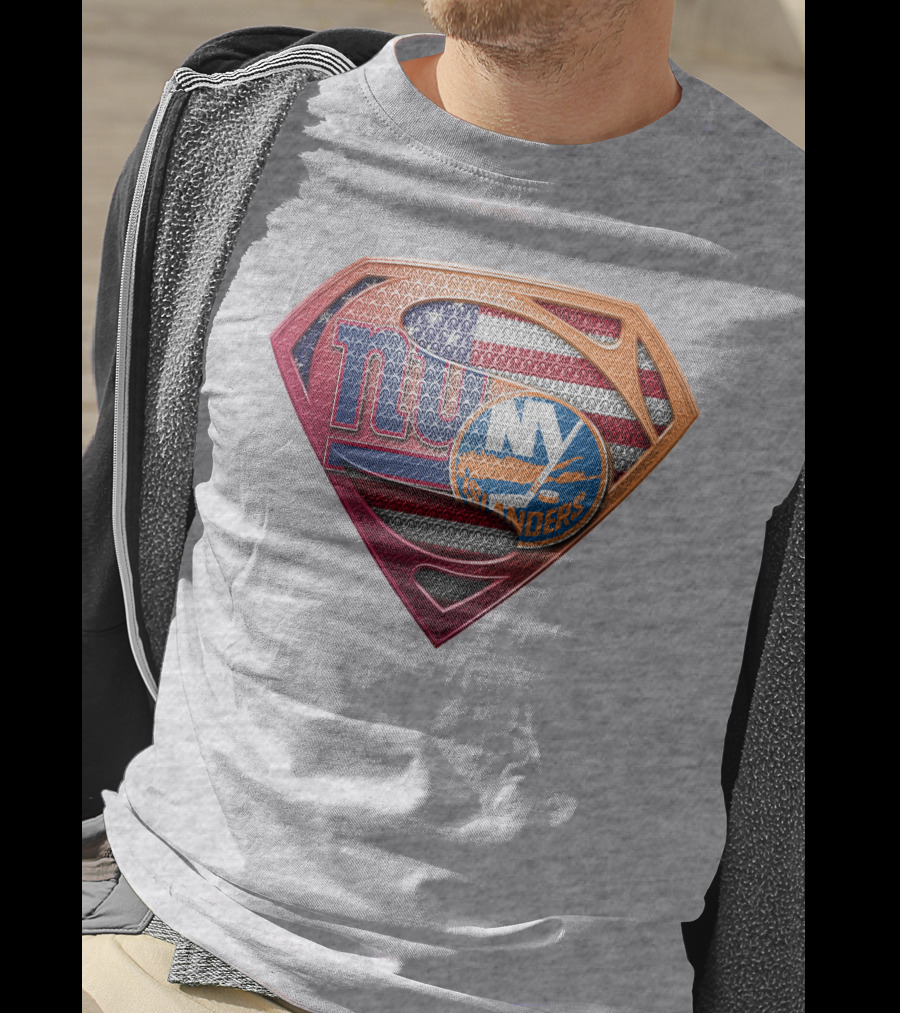 New York Giants Islanders Superman Shield American Flag T-Shirt