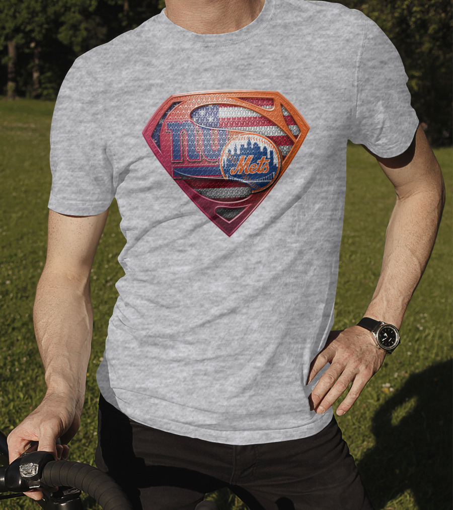 Giants Mets Superman Logo American Flag T-Shirt