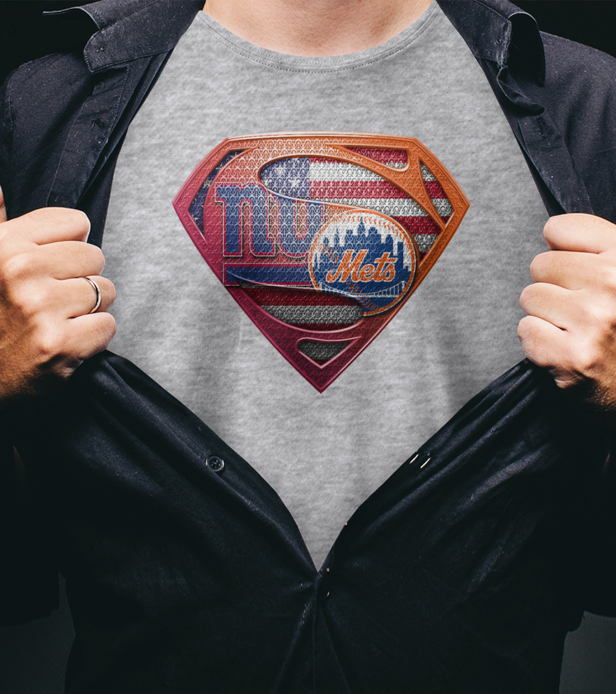 Giants Mets Superman Logo American Flag T-Shirt