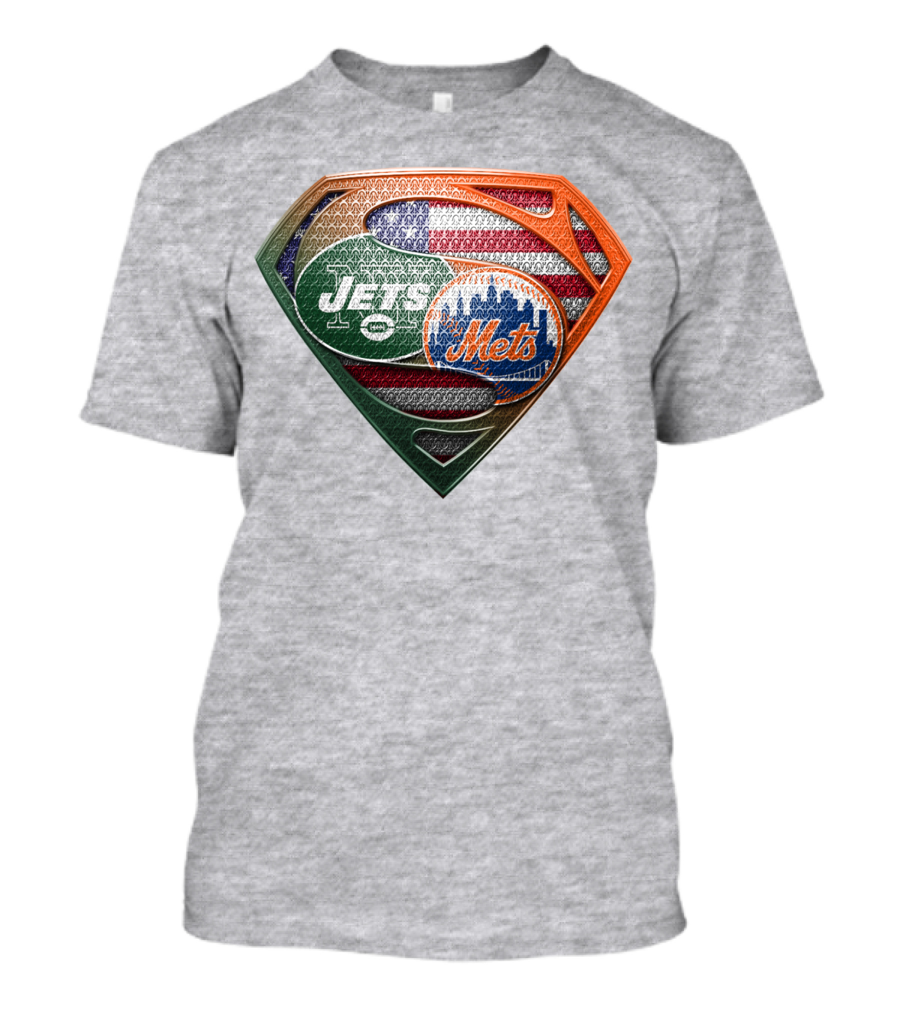 New York Jets Mets Logo With American Flag And Superman Shield T-Shirt