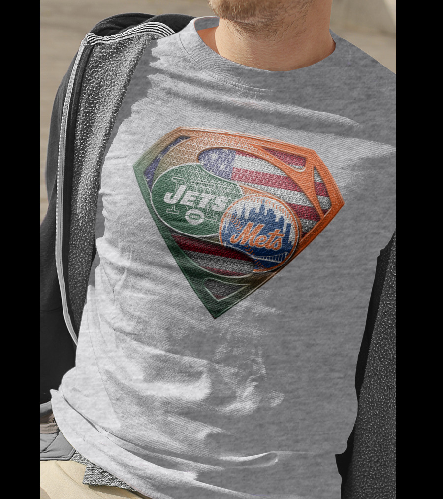 New York Jets Mets Logo With American Flag And Superman Shield T-Shirt