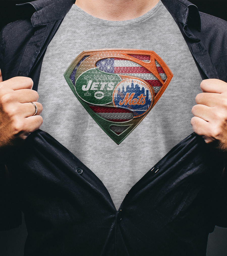 New York Jets Mets Logo With American Flag And Superman Shield T-Shirt