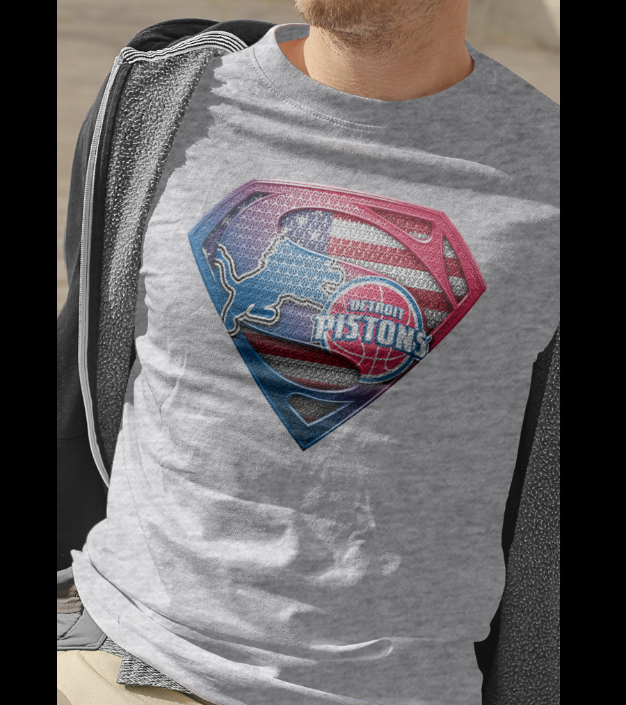 Detroit Pistons Lions Superman Logo Shaped Patch With American Flag T-Shirt