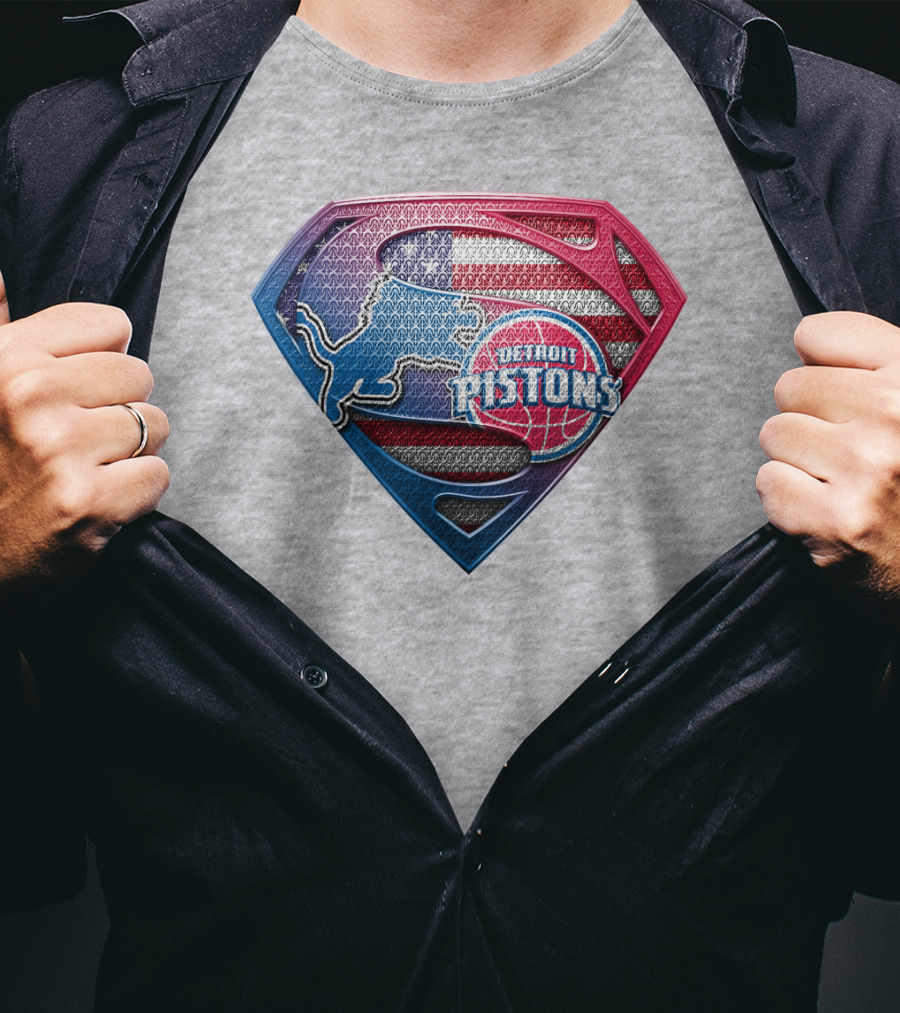 Detroit Pistons Lions Superman Logo Shaped Patch With American Flag T-Shirt