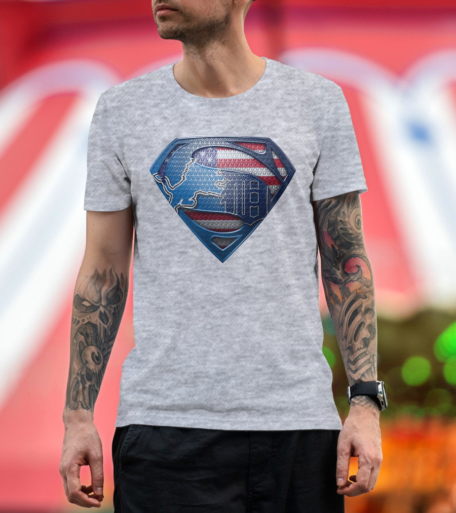Detroit Lions American Flag Superhero Emblem T-Shirt
