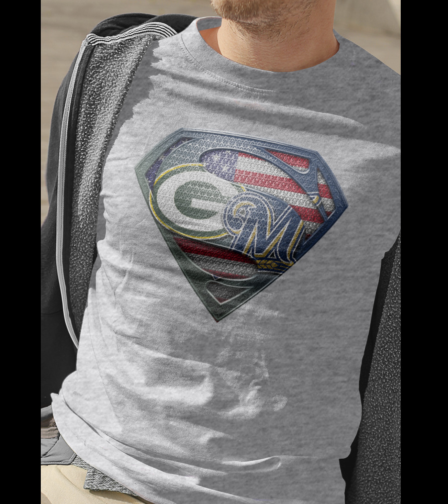 Green Bay Packers Milwaukee Brewers American Flag Superman T-Shirt