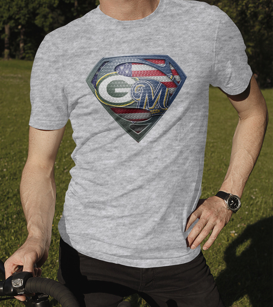 Green Bay Packers Milwaukee Brewers American Flag Superman T-Shirt