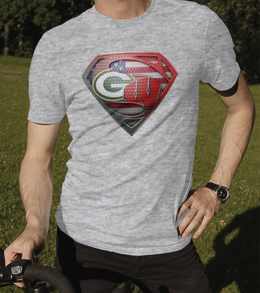 Green Bay Packers Wisconsin Badgers American Flag Superman Shield T-Shirt