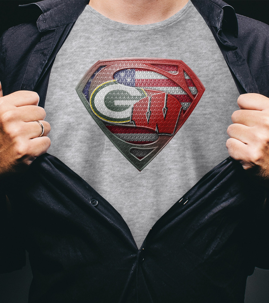 Green Bay Packers Wisconsin Badgers American Flag Superman Shield T-Shirt