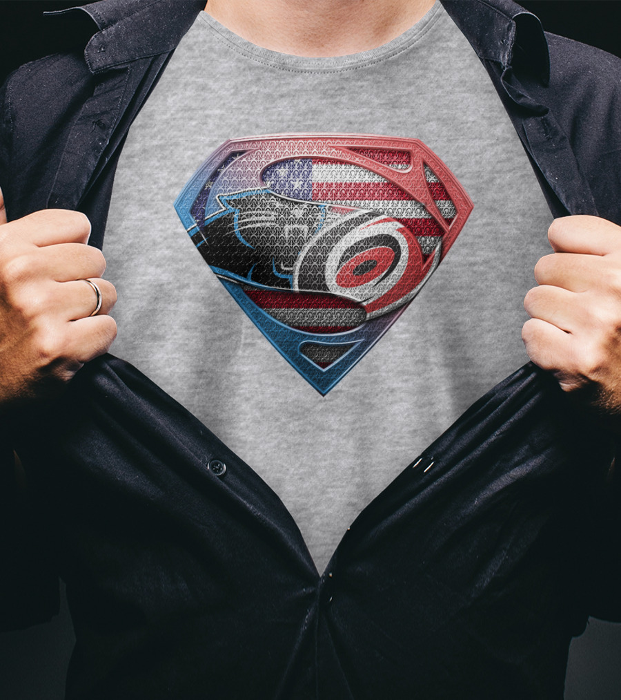 Superman Shield Carolina Panthers American Flag Carolina Hurricanes T-Shirt