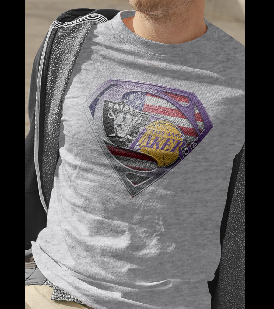 Los Angeles Lakers Raiders American Flag Superman Shield T-Shirt
