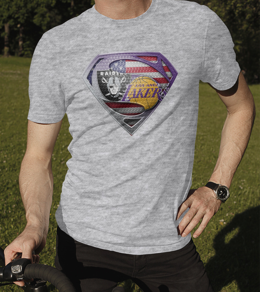Los Angeles Lakers Raiders American Flag Superman Shield T-Shirt