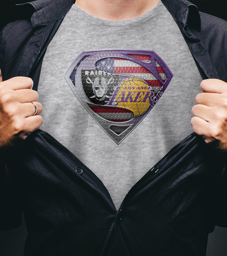 Los Angeles Lakers Raiders American Flag Superman Shield T-Shirt