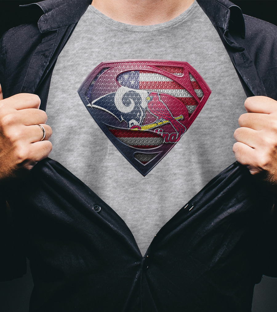 Superman Logo With St. Louis Rams And Cardinals Nfl And Mlb Team Fusion T-Shirt