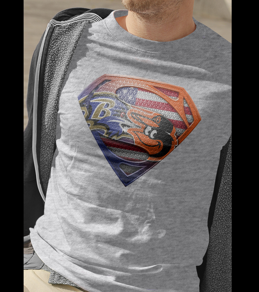 Baltimore Ravens Orioles American Flag Superman Shield T-Shirt