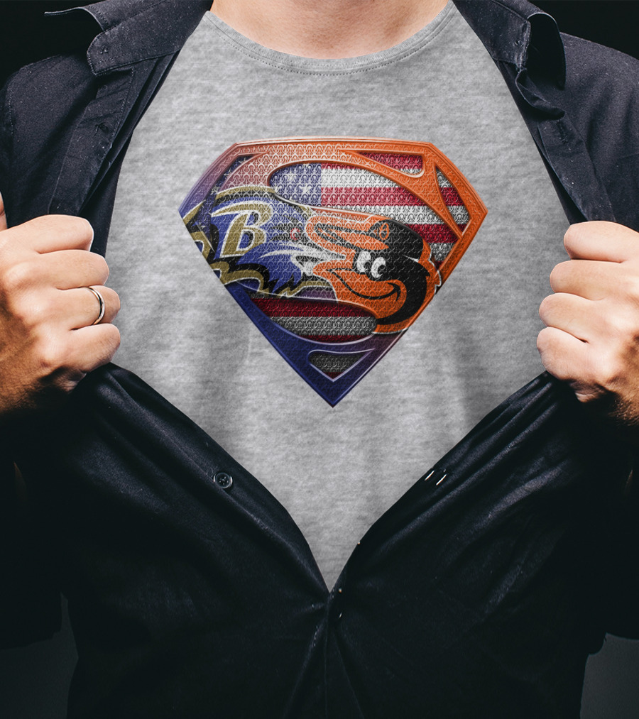 Baltimore Ravens Orioles American Flag Superman Shield T-Shirt